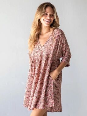 NATURAL LIFE Stella V-Neck Floral Mini Dress Pink Ditsy Cottagecore Prairiecore